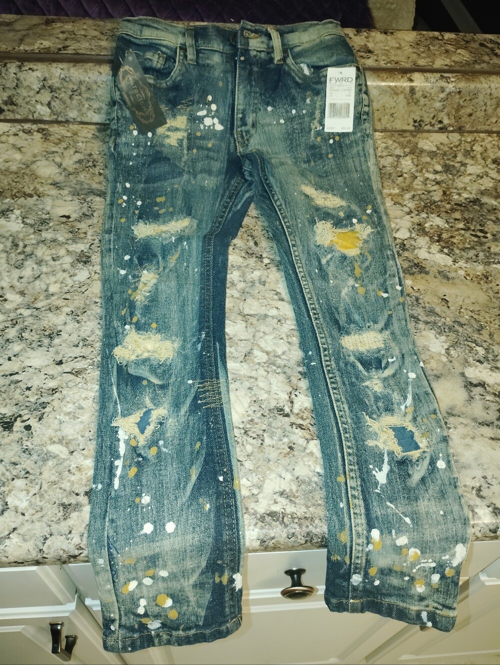 NWT FWRD Denim Boys Distressed Paint Splatter Slim Stretch Jeans – Size